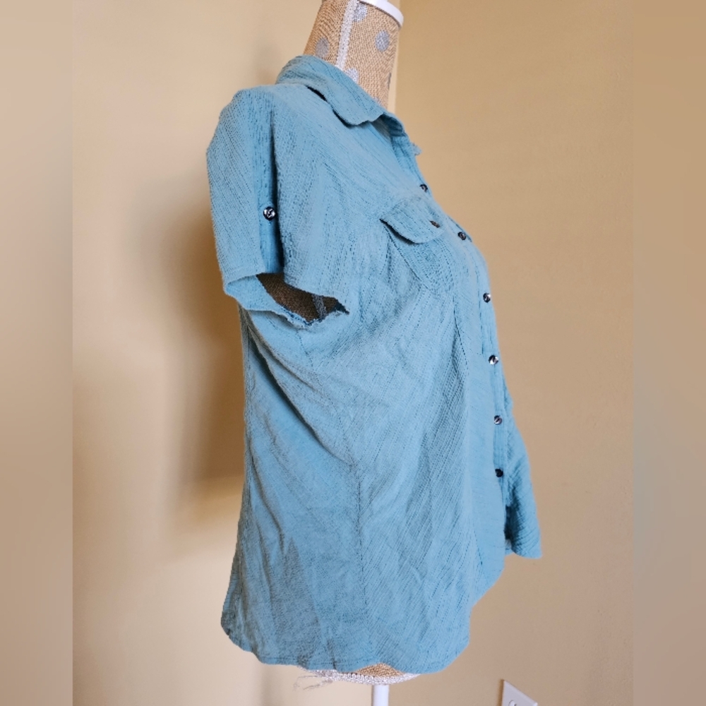J Jill Relaxed Cotton Gauze Button Up | Teal | Size Medium Petite Short Sleeve - Picture 3 of 5